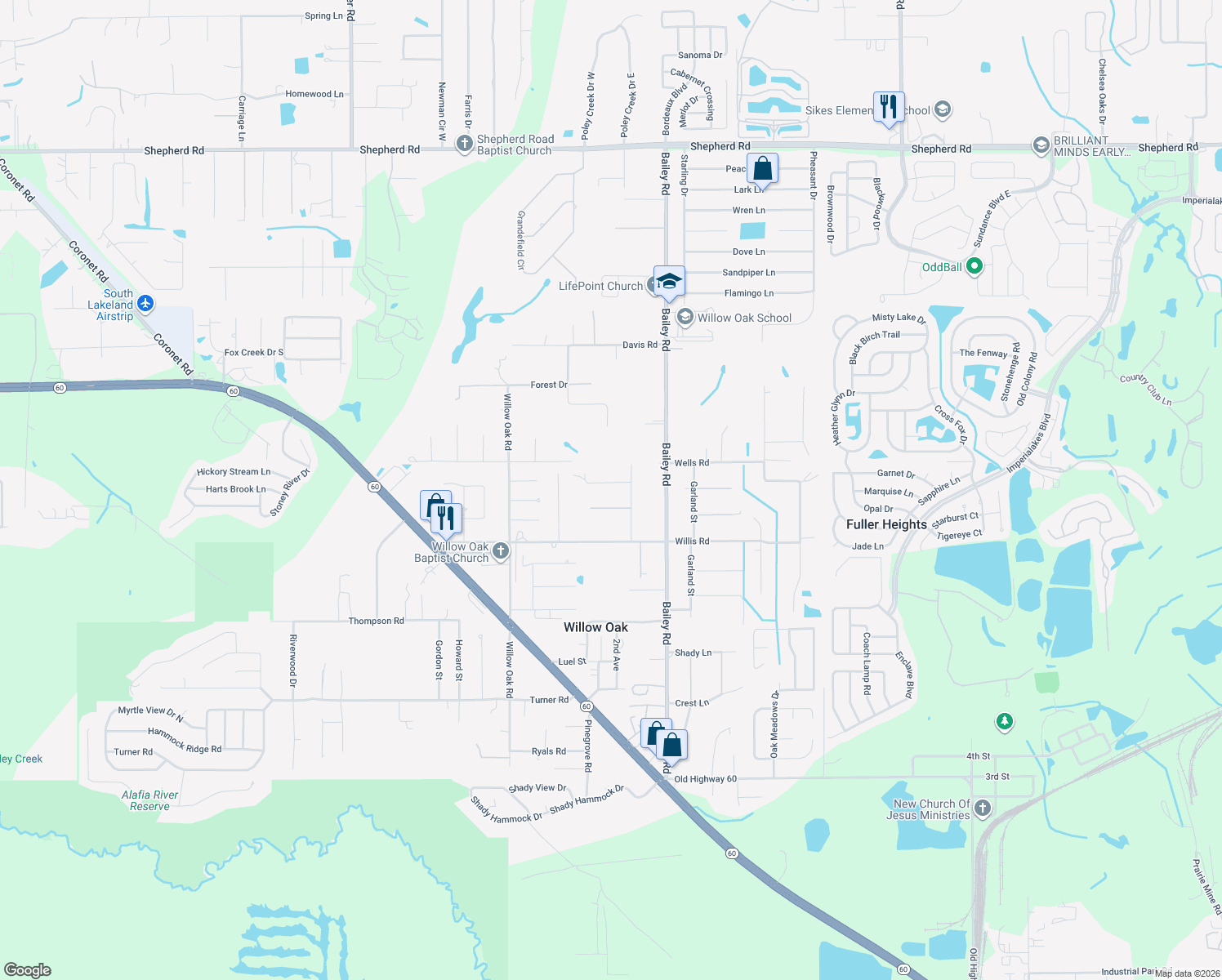 map of restaurants, bars, coffee shops, grocery stores, and more near 3900 David Drive in Mulberry