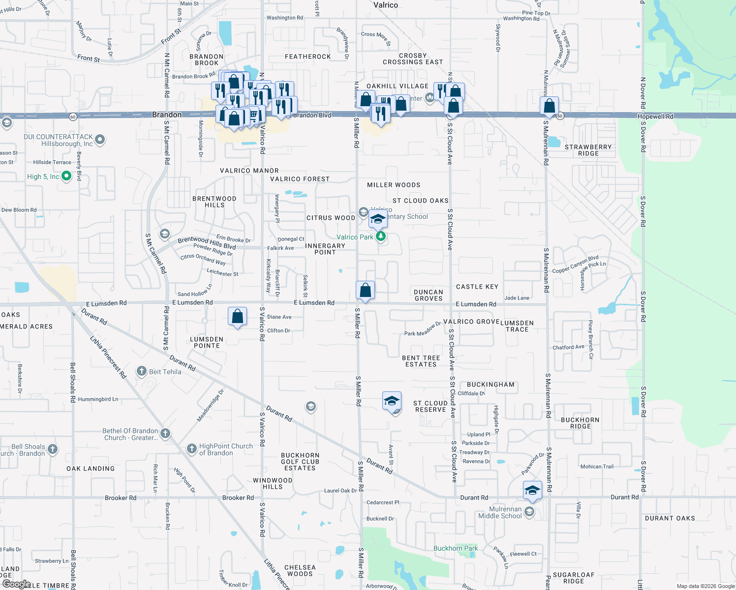 map of restaurants, bars, coffee shops, grocery stores, and more near 919 Silver Ridge Way in Valrico