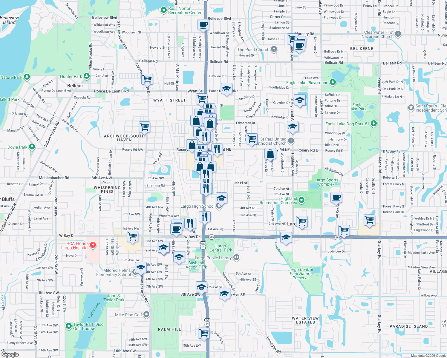 map of restaurants, bars, coffee shops, grocery stores, and more near 646 Poinsettia Drive in Largo