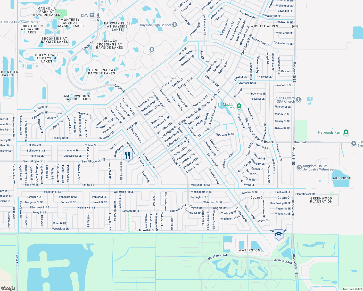 map of restaurants, bars, coffee shops, grocery stores, and more near 1060 Westport Street Southeast in Palm Bay