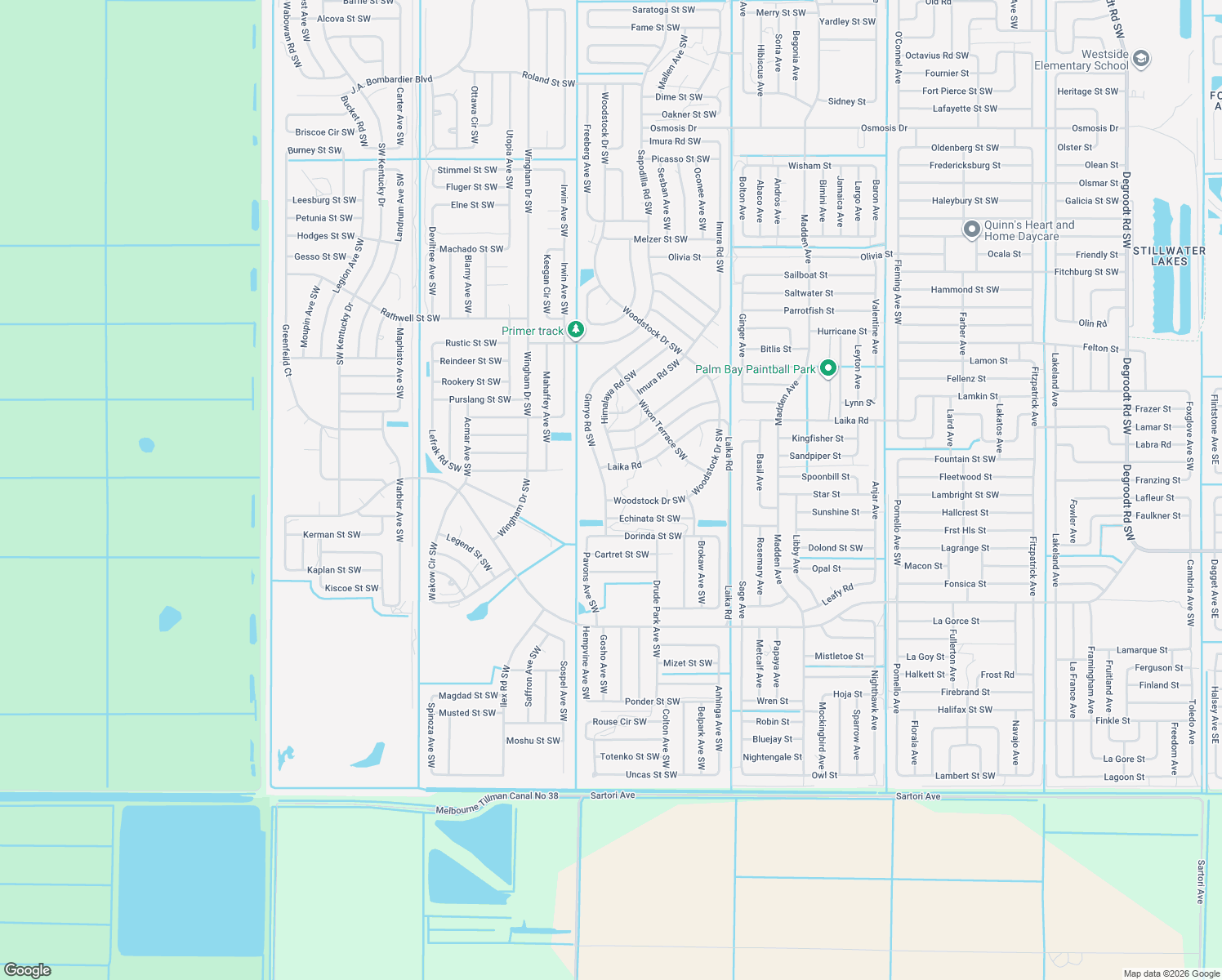 map of restaurants, bars, coffee shops, grocery stores, and more near 2889 Ginryo Road Southwest in Palm Bay