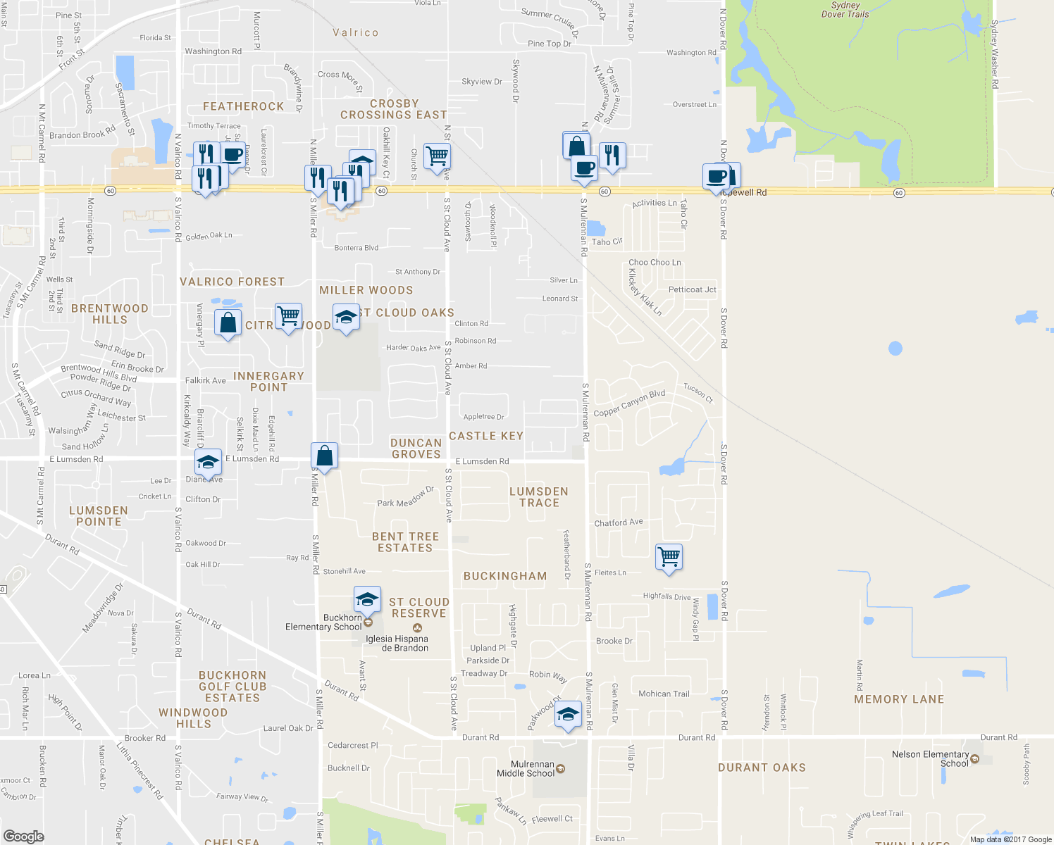 map of restaurants, bars, coffee shops, grocery stores, and more near 4102 Amber Ridge Lane in Valrico
