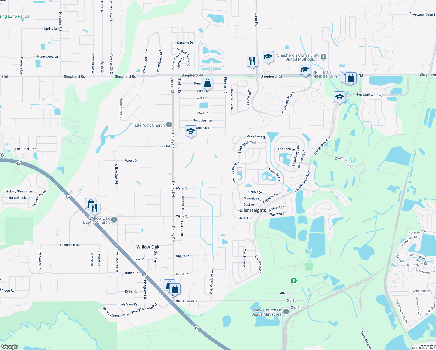 map of restaurants, bars, coffee shops, grocery stores, and more near 4130 Laurel Crest Court in Mulberry