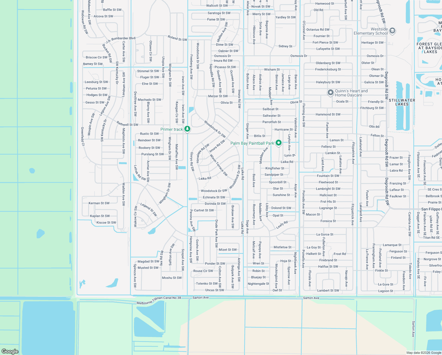 map of restaurants, bars, coffee shops, grocery stores, and more near 2853 Candy Court Southwest in Palm Bay