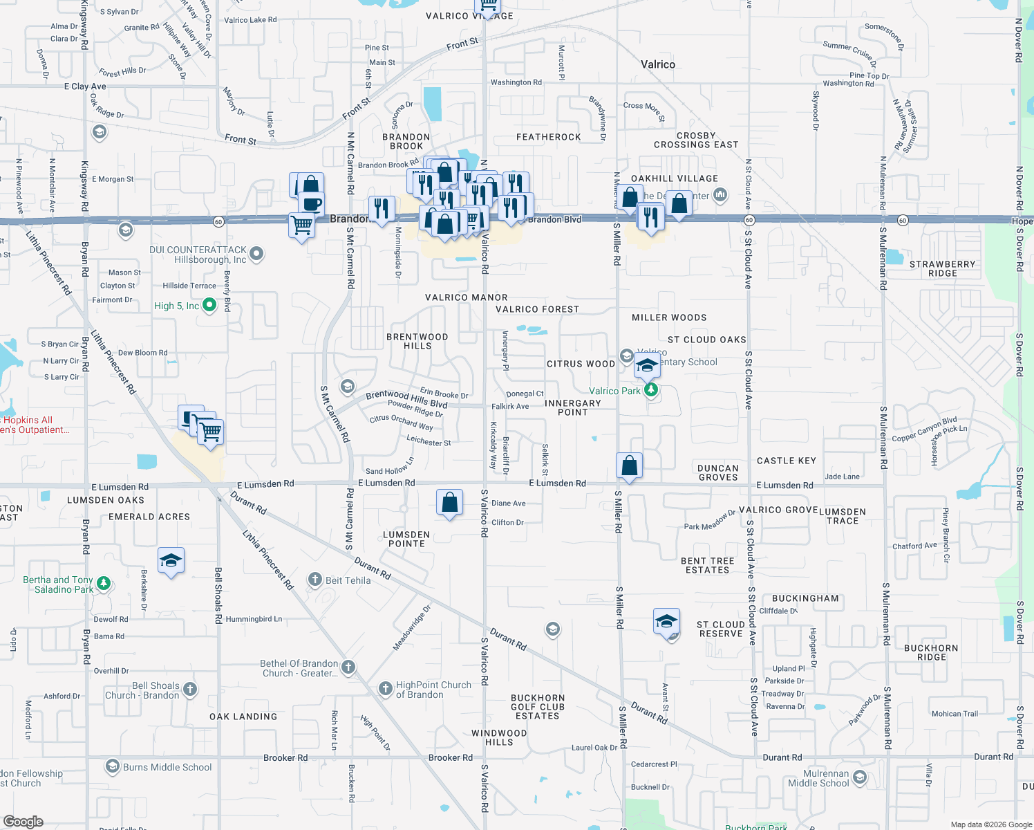 map of restaurants, bars, coffee shops, grocery stores, and more near 2206 Selkirk Street in Valrico