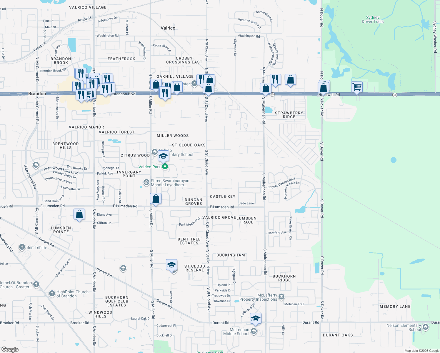 map of restaurants, bars, coffee shops, grocery stores, and more near 3916 Appletree Drive in Valrico