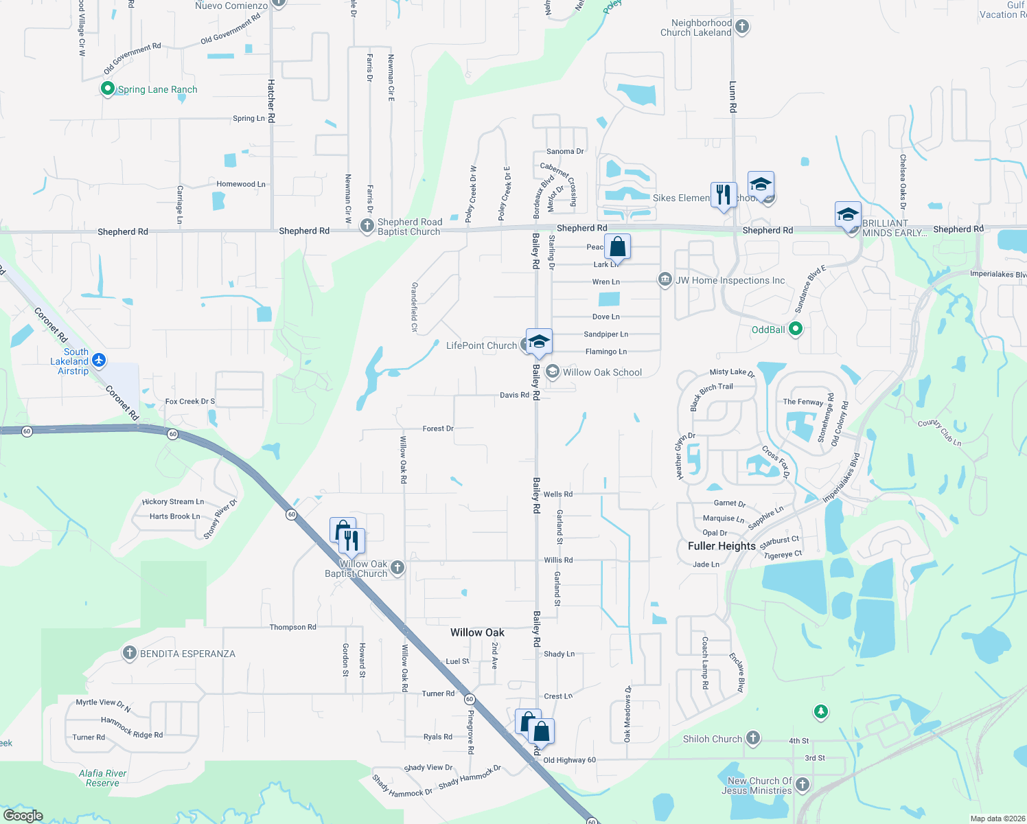 map of restaurants, bars, coffee shops, grocery stores, and more near 3800 Davis Road in Mulberry