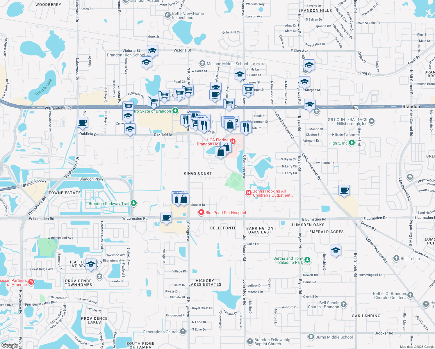 map of restaurants, bars, coffee shops, grocery stores, and more near 321 Summer Clouds Place in Brandon
