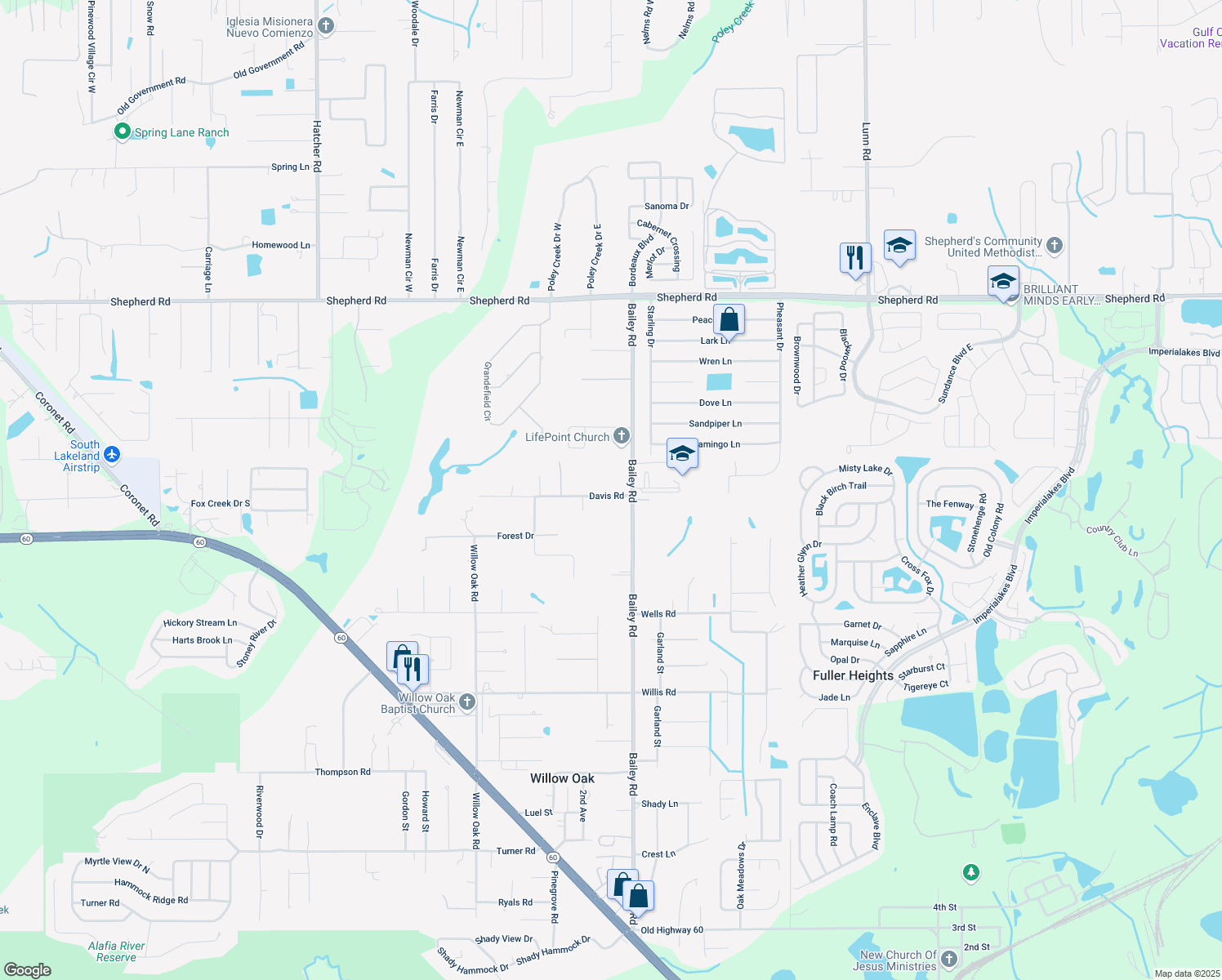 map of restaurants, bars, coffee shops, grocery stores, and more near 3755 Davis Road in Mulberry