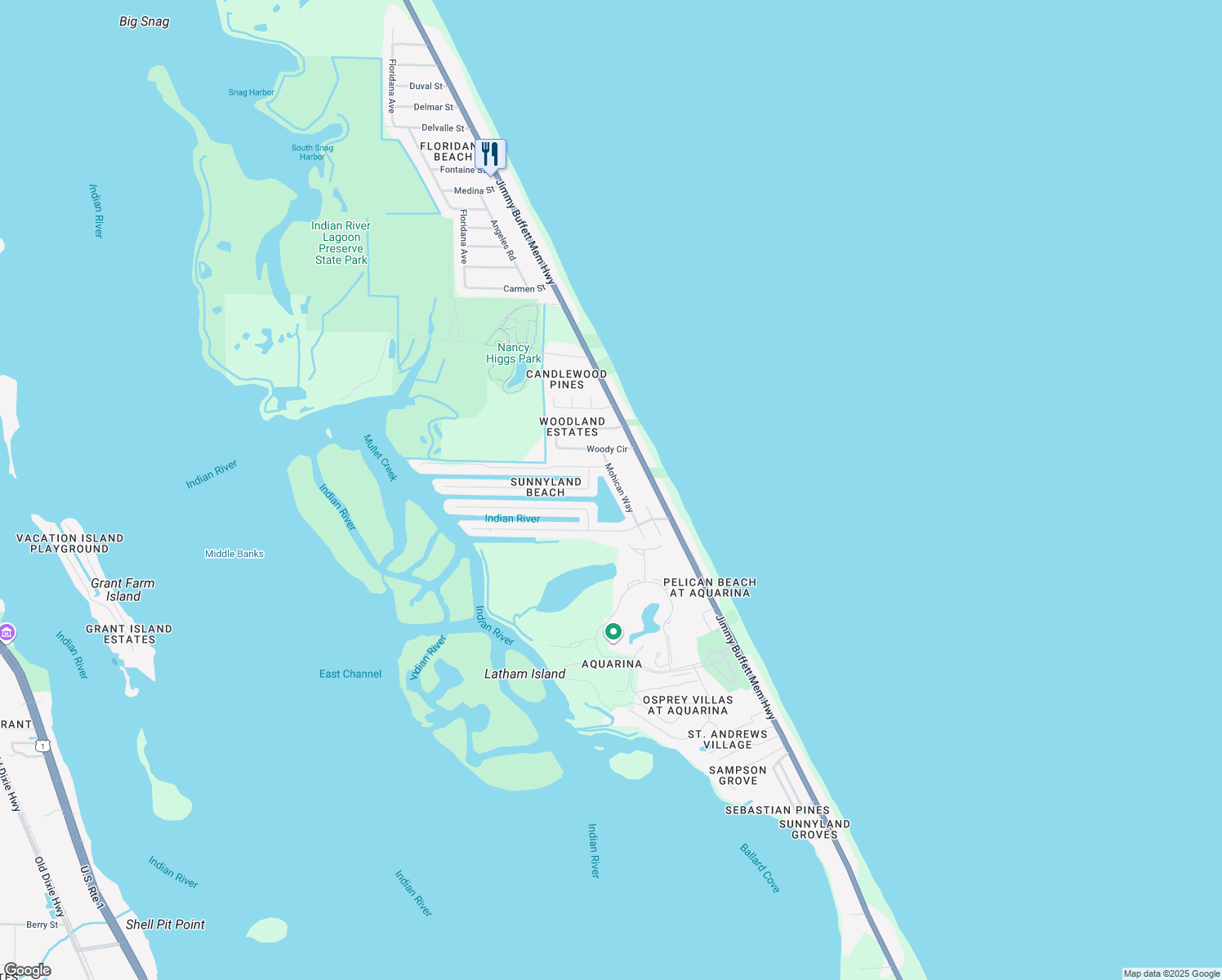 map of restaurants, bars, coffee shops, grocery stores, and more near 97 Mohican Way in Melbourne Beach