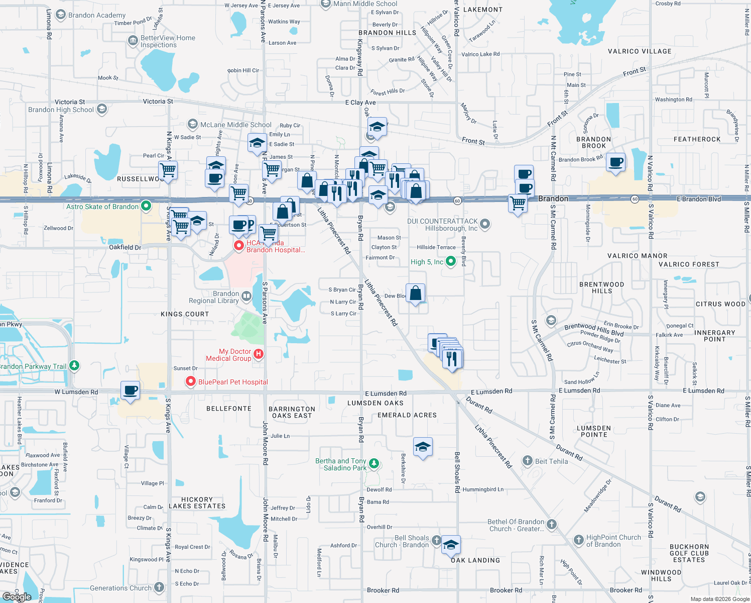 map of restaurants, bars, coffee shops, grocery stores, and more near 604 Lithia Pinecrest Rd in Brandon