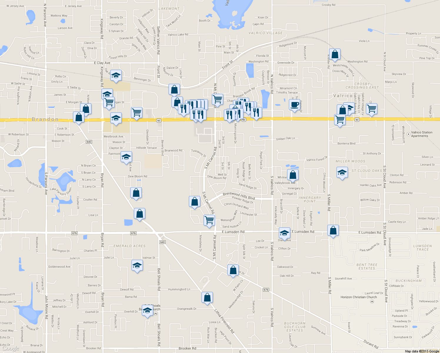 map of restaurants, bars, coffee shops, grocery stores, and more near 1332 Dew Bloom Road in Valrico