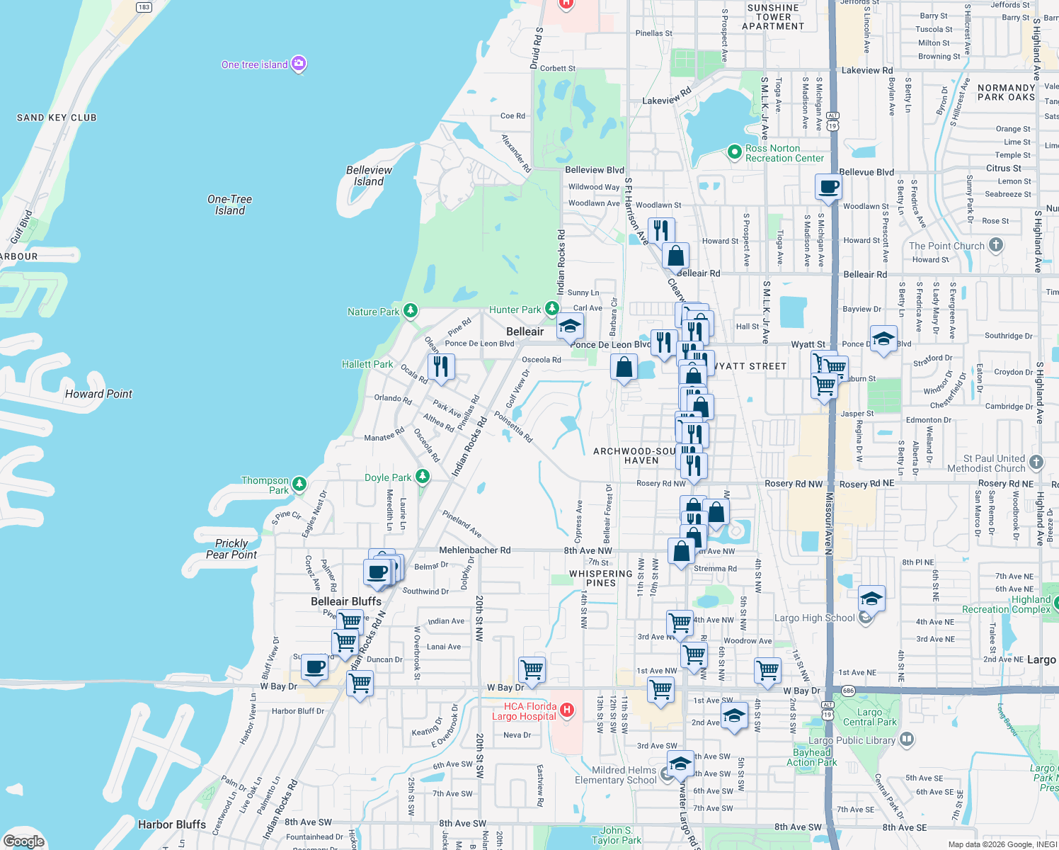 map of restaurants, bars, coffee shops, grocery stores, and more near 4 Hibiscus Road in Belleair