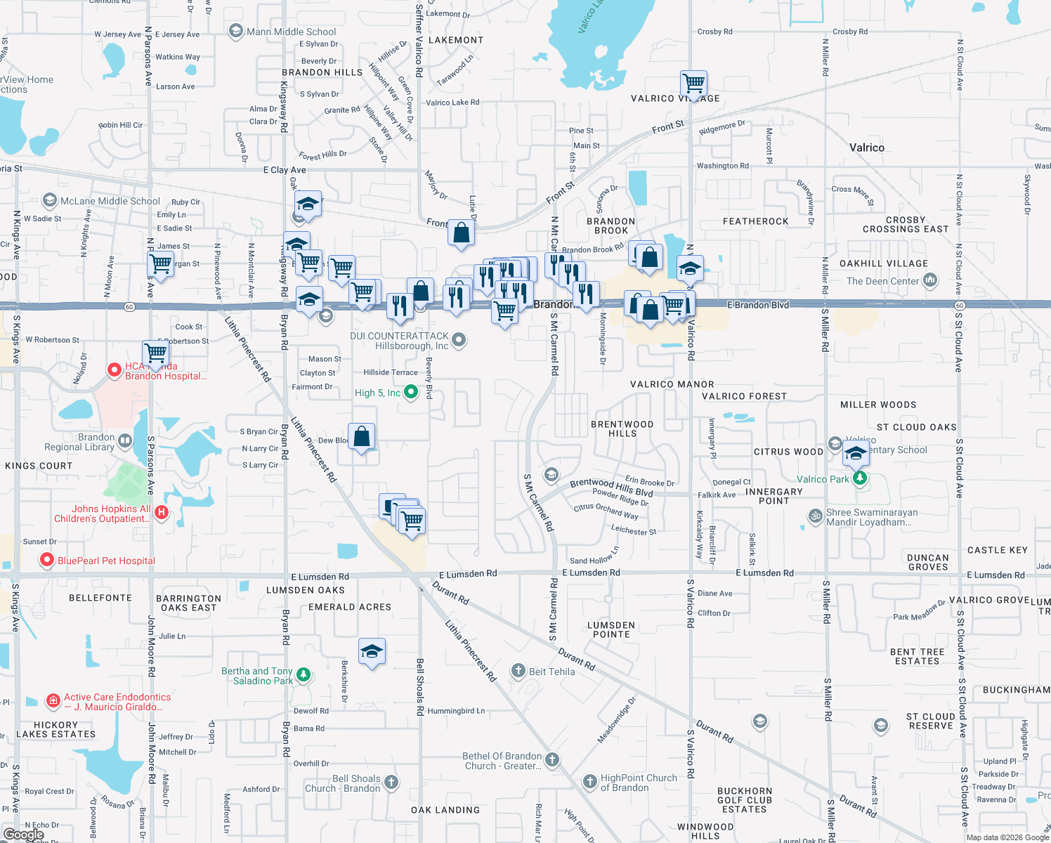 map of restaurants, bars, coffee shops, grocery stores, and more near 629 Tuscanny Street in Brandon