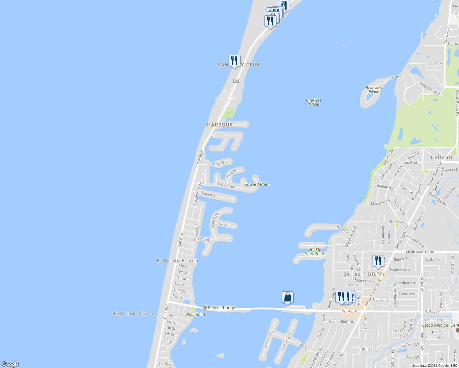 map of restaurants, bars, coffee shops, grocery stores, and more near 411 Belle Isle Avenue in Belleair Beach