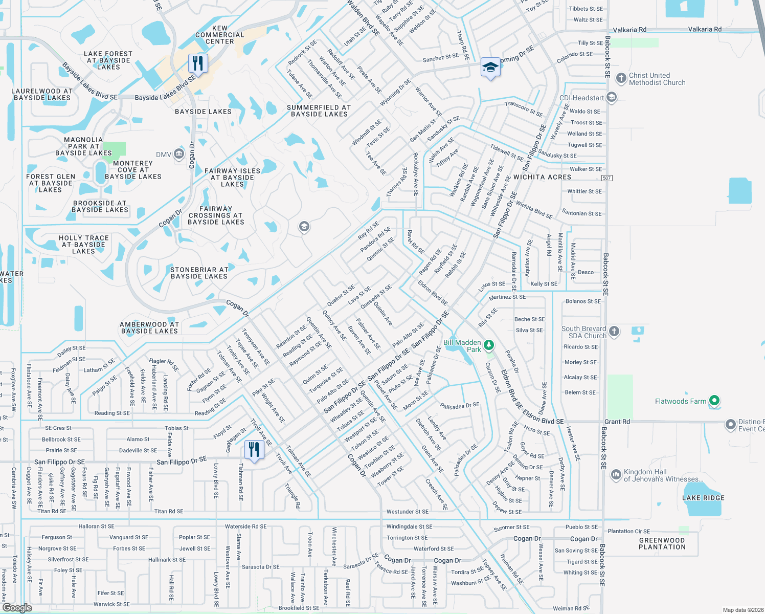 map of restaurants, bars, coffee shops, grocery stores, and more near 2531 Quinlin Avenue in Palm Bay