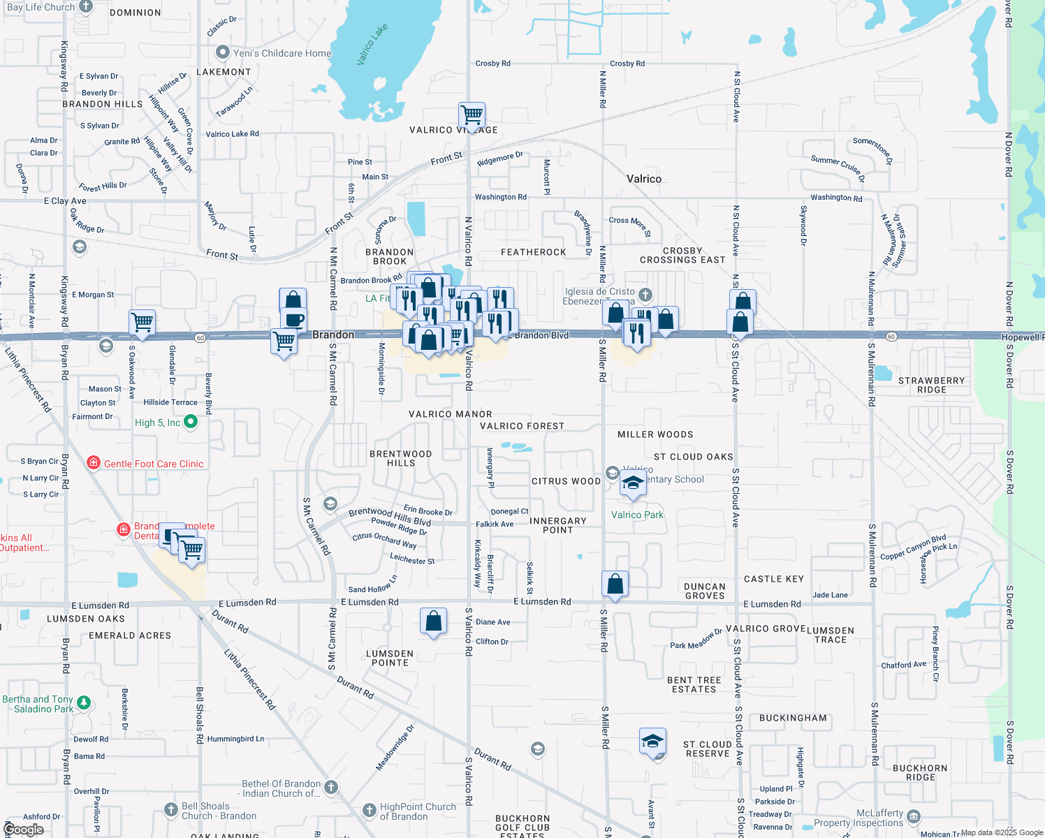 map of restaurants, bars, coffee shops, grocery stores, and more near 2214 Valrico Forest Dr in Valrico