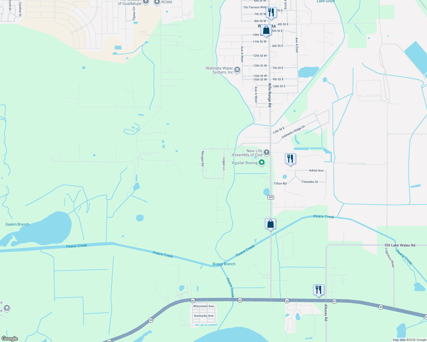 map of restaurants, bars, coffee shops, grocery stores, and more near 612 Morgan Road in Winter Haven
