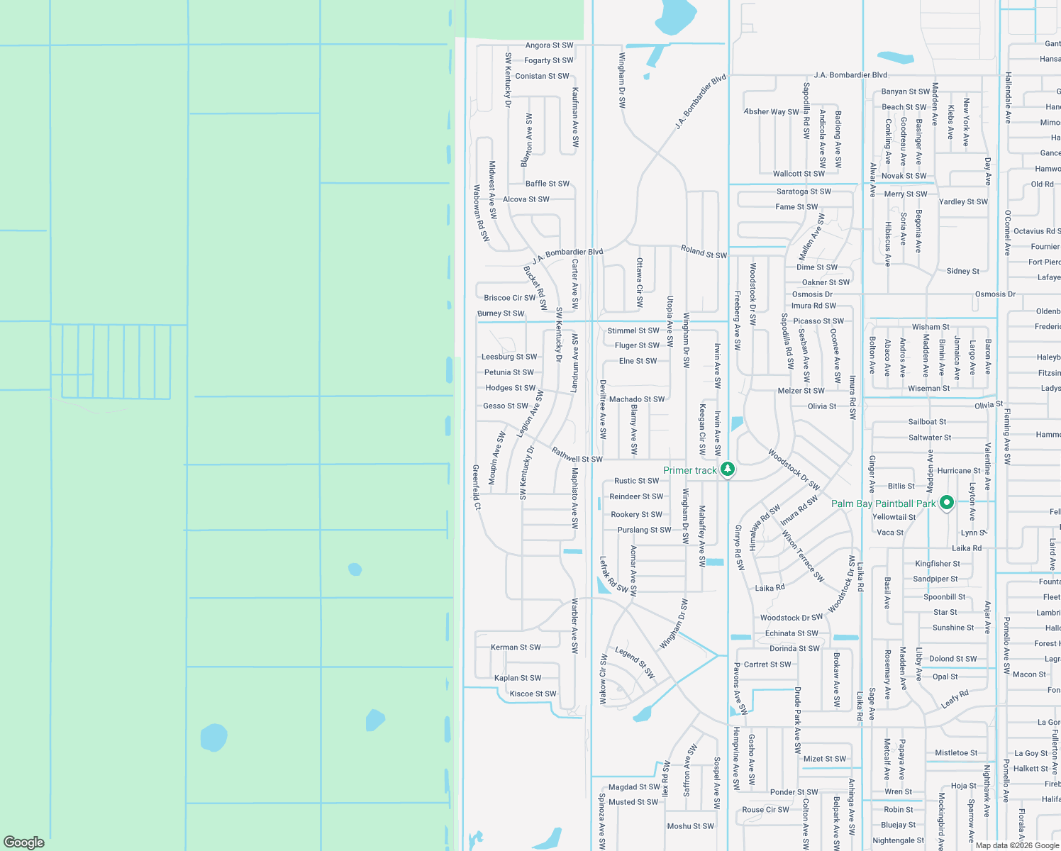 map of restaurants, bars, coffee shops, grocery stores, and more near 2485 Legion Avenue Southwest in Palm Bay