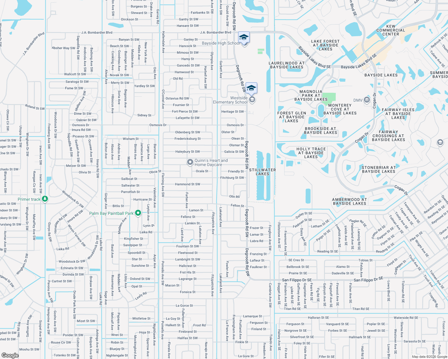 map of restaurants, bars, coffee shops, grocery stores, and more near 350 Fitchburg Street Southwest in Palm Bay