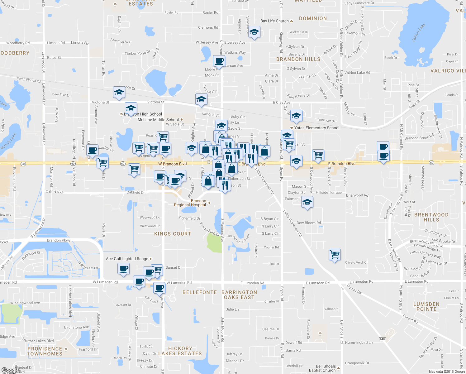 map of restaurants, bars, coffee shops, grocery stores, and more near 201 Mason Street in Brandon