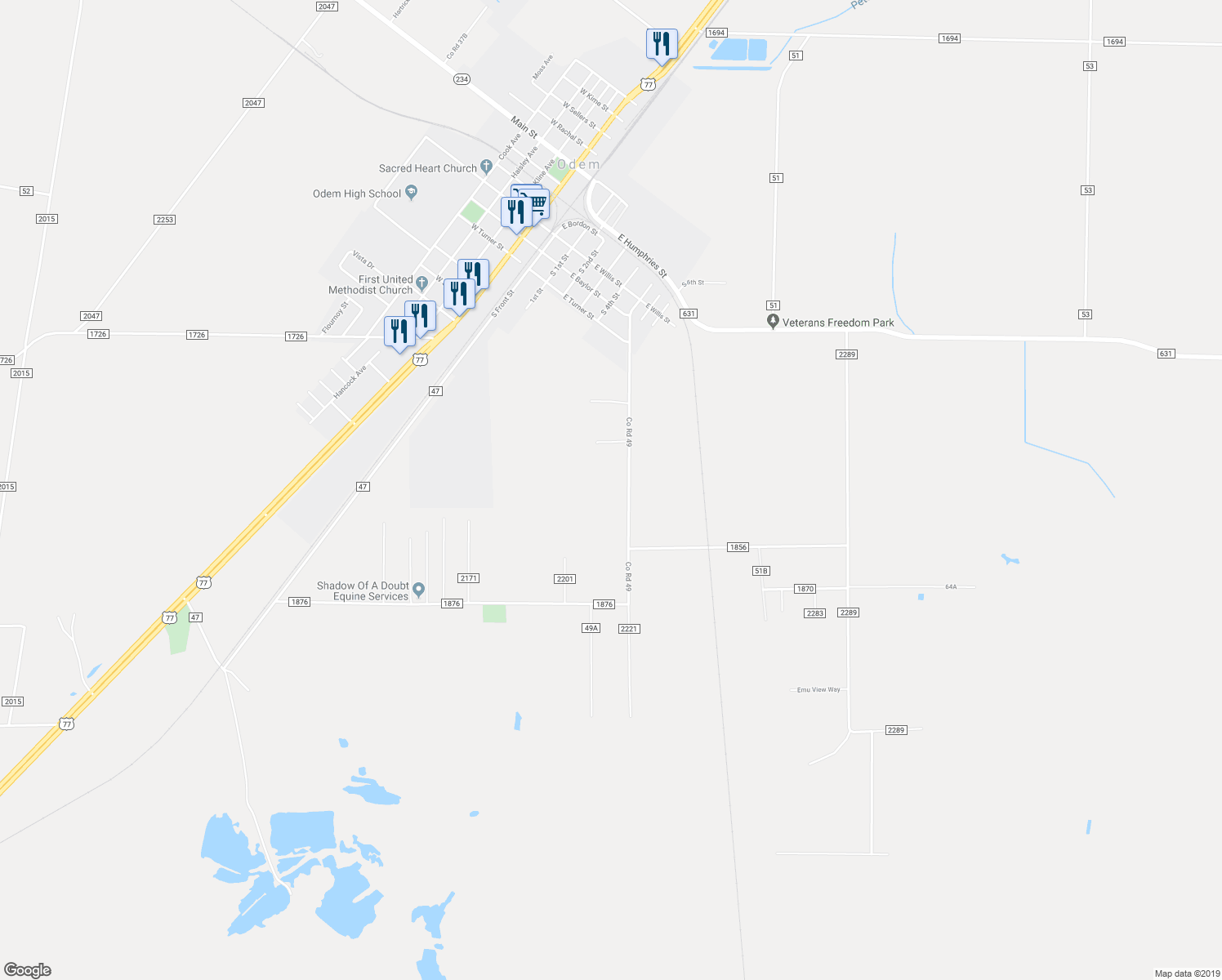 map of restaurants, bars, coffee shops, grocery stores, and more near 420 Front Street in Odem