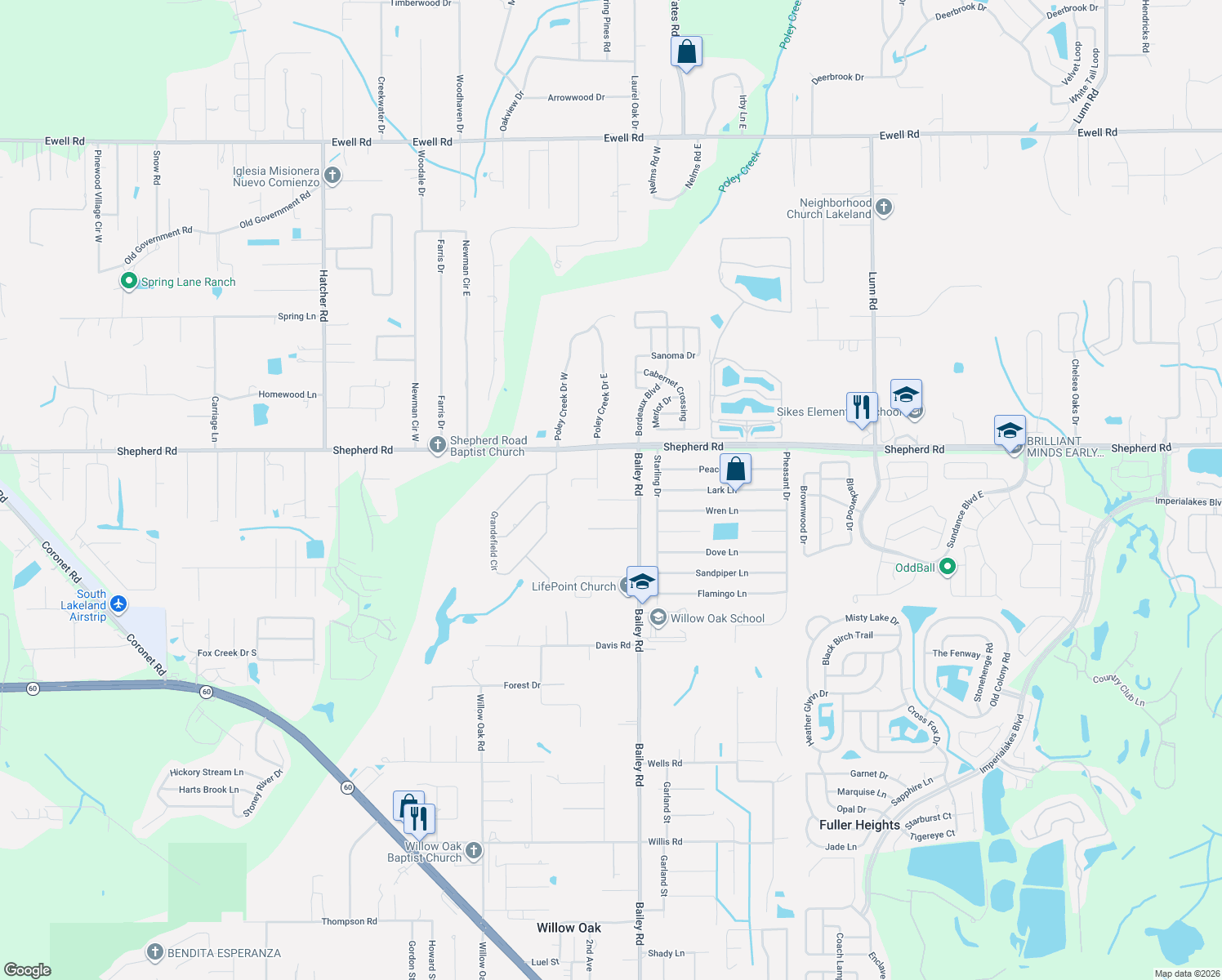 map of restaurants, bars, coffee shops, grocery stores, and more near 3615 Walker Road in Mulberry