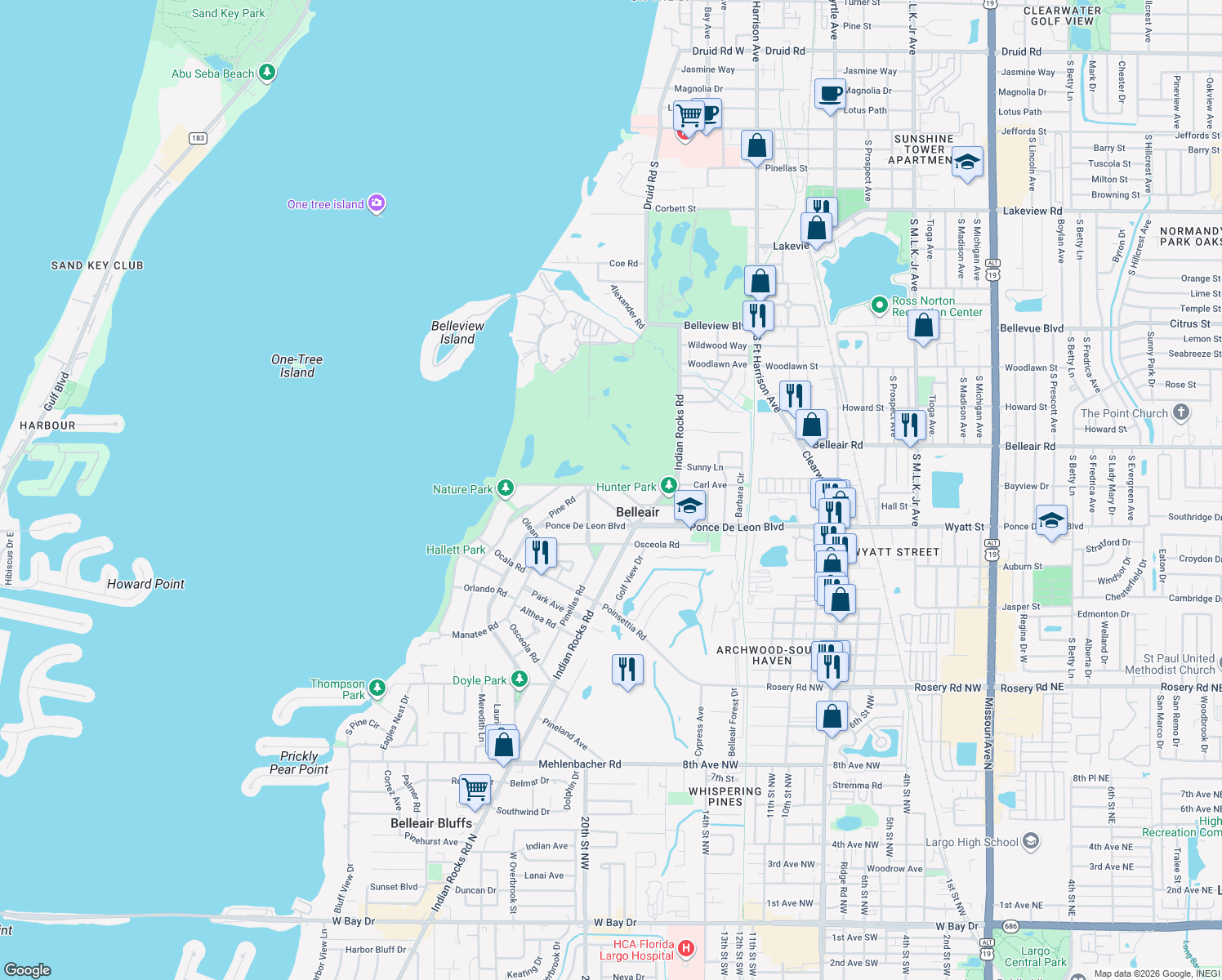 map of restaurants, bars, coffee shops, grocery stores, and more near 703 Bayview Drive in Belleair