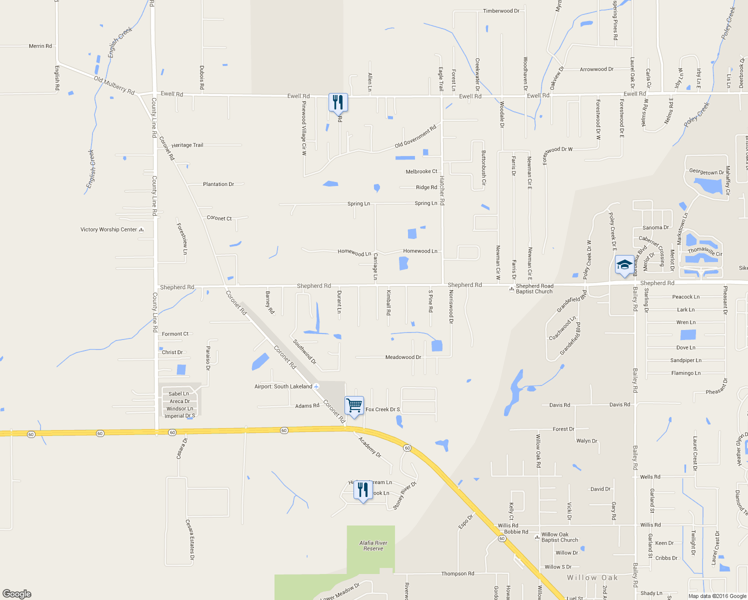 map of restaurants, bars, coffee shops, grocery stores, and more near 5700 Albert Williams Road in Mulberry