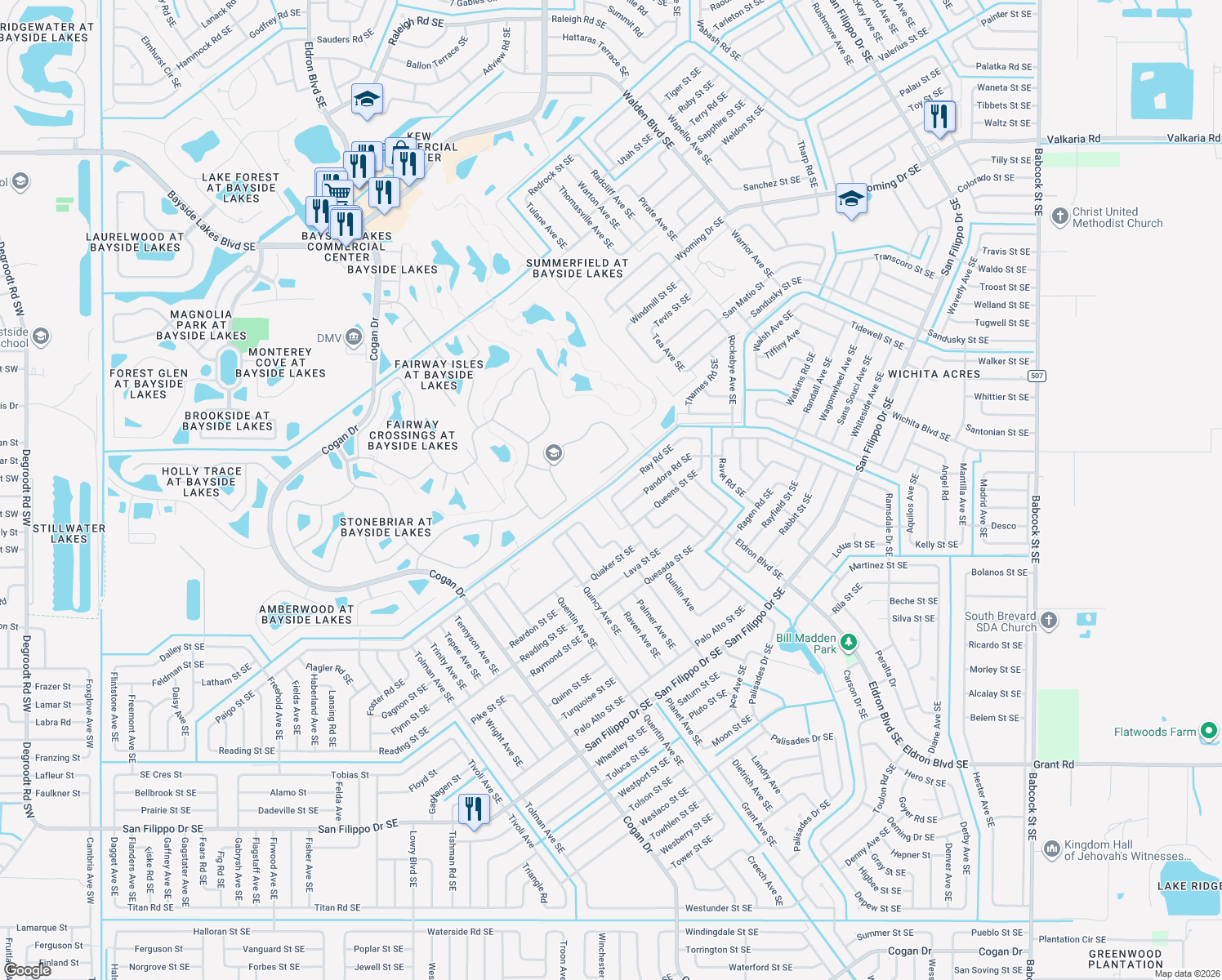 map of restaurants, bars, coffee shops, grocery stores, and more near 913 Ray Road Southeast in Palm Bay