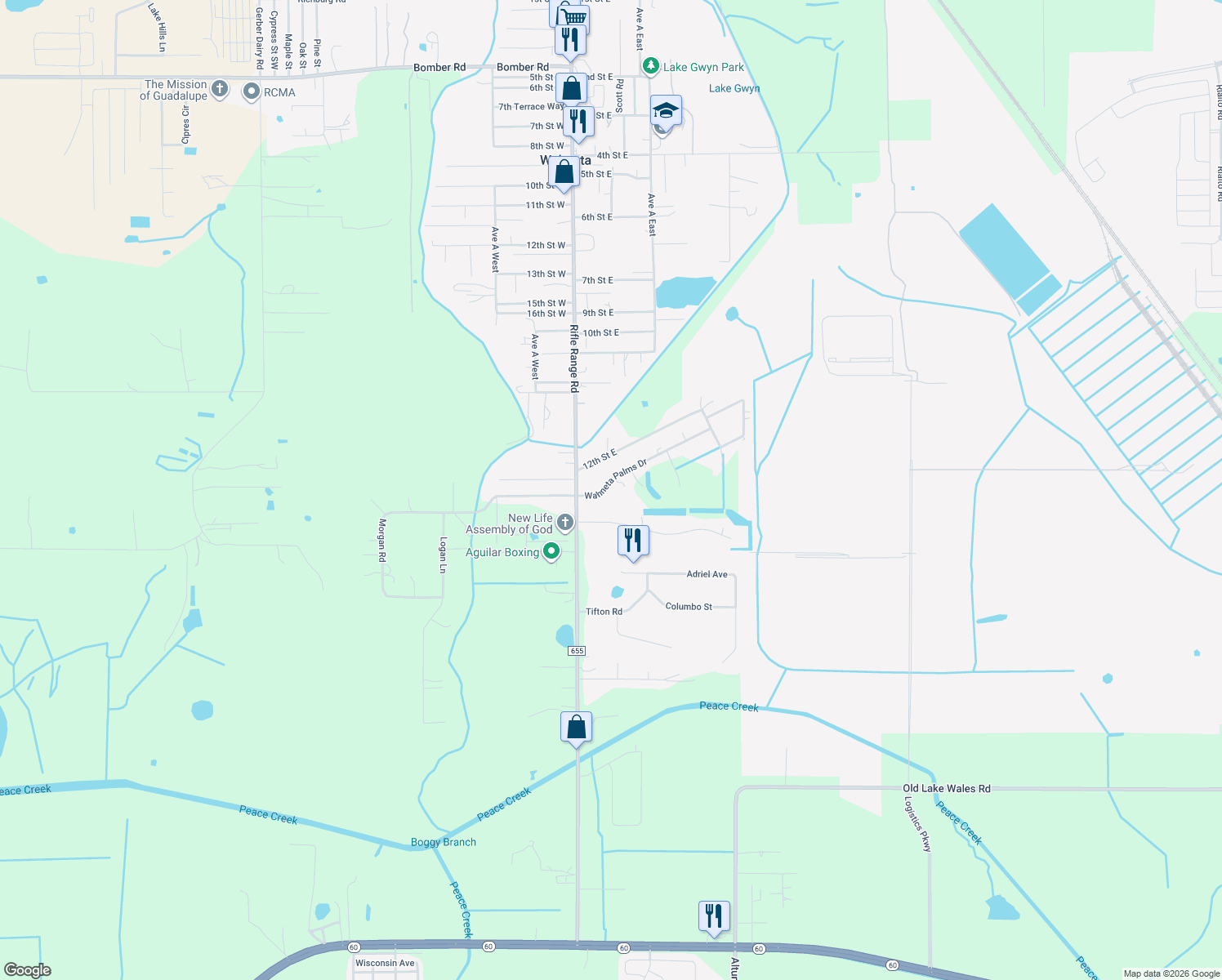 map of restaurants, bars, coffee shops, grocery stores, and more near 106 Palmetto Ridge Drive in Winter Haven