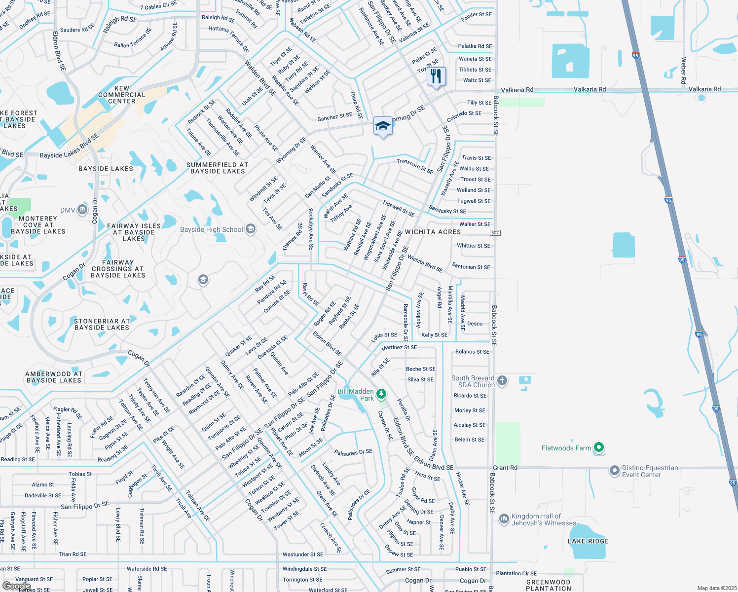 map of restaurants, bars, coffee shops, grocery stores, and more near 1392 Ran Road Southeast in Palm Bay