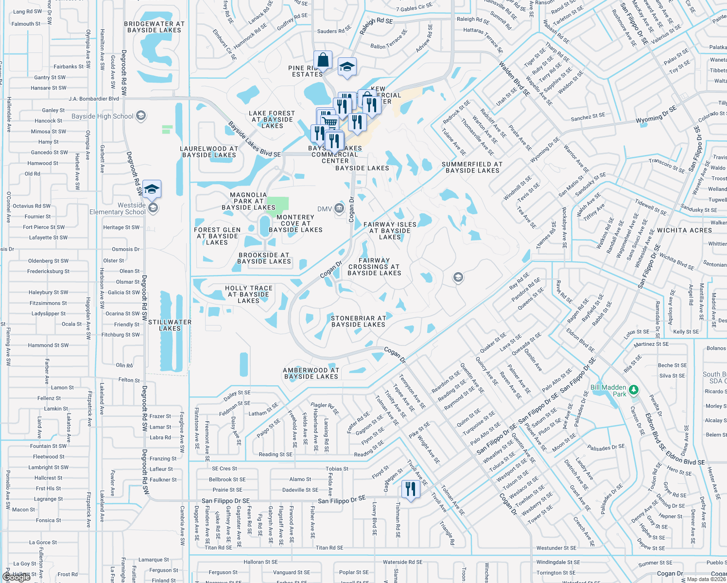 map of restaurants, bars, coffee shops, grocery stores, and more near 580 Rangewood Drive Southeast in Palm Bay