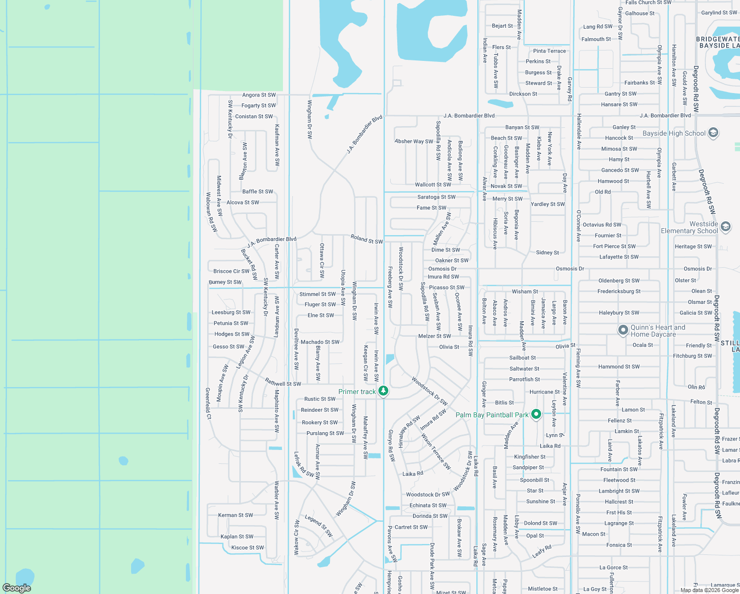 map of restaurants, bars, coffee shops, grocery stores, and more near 1212 Stimmel Street Southwest in Palm Bay