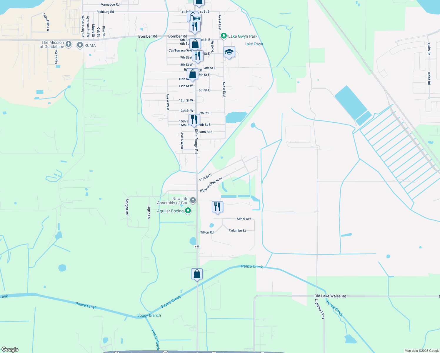 map of restaurants, bars, coffee shops, grocery stores, and more near 125 Palmetto Ridge Drive in Winter Haven