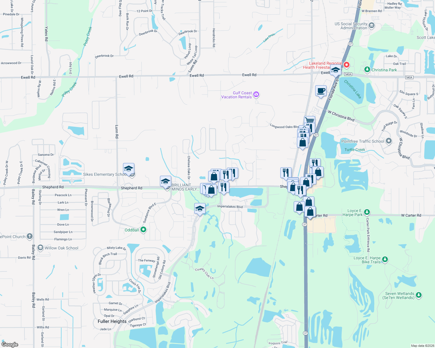 map of restaurants, bars, coffee shops, grocery stores, and more near 6969 Shepherd Oaks Road in Lakeland