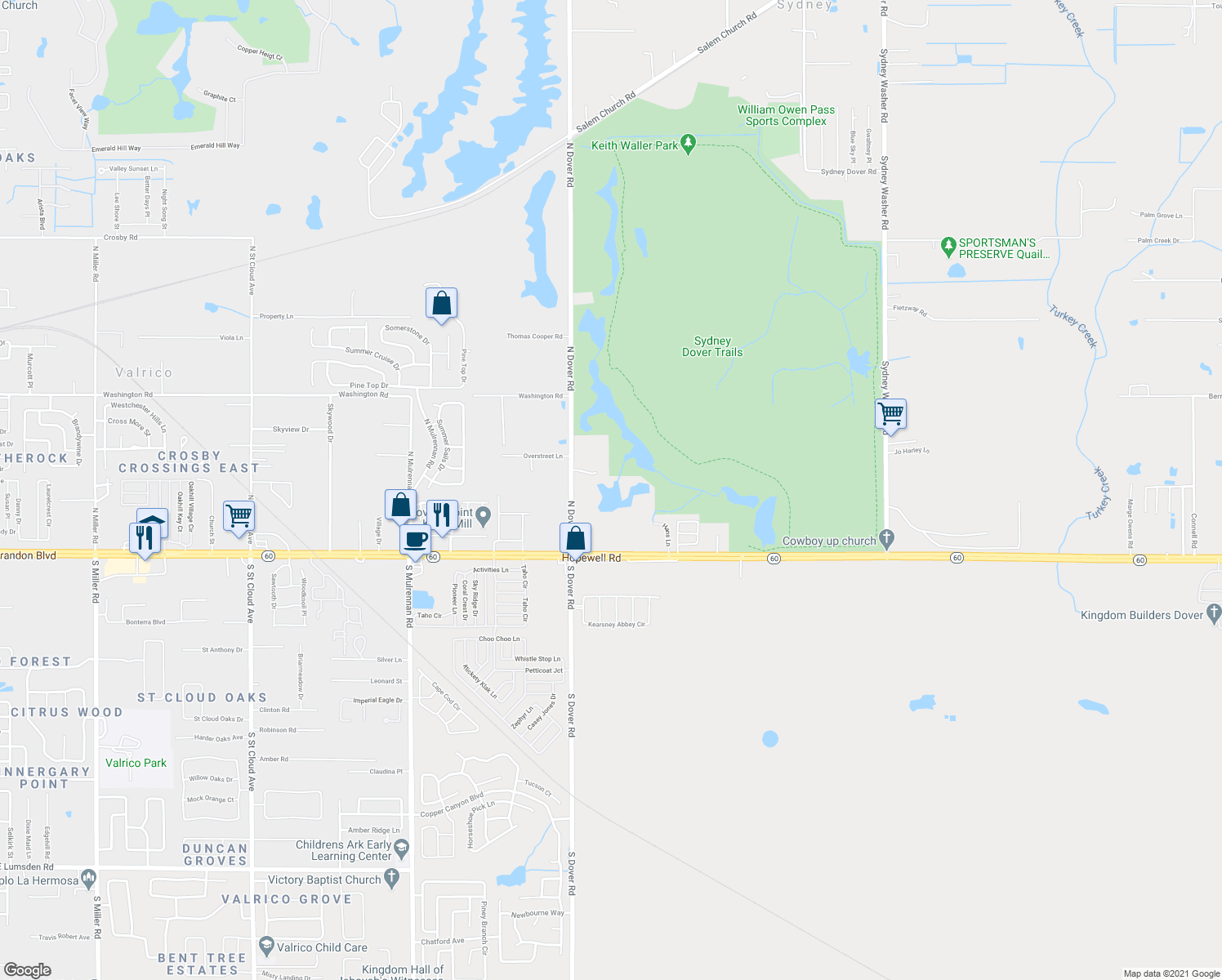 map of restaurants, bars, coffee shops, grocery stores, and more near 225 North Dover Road in Dover