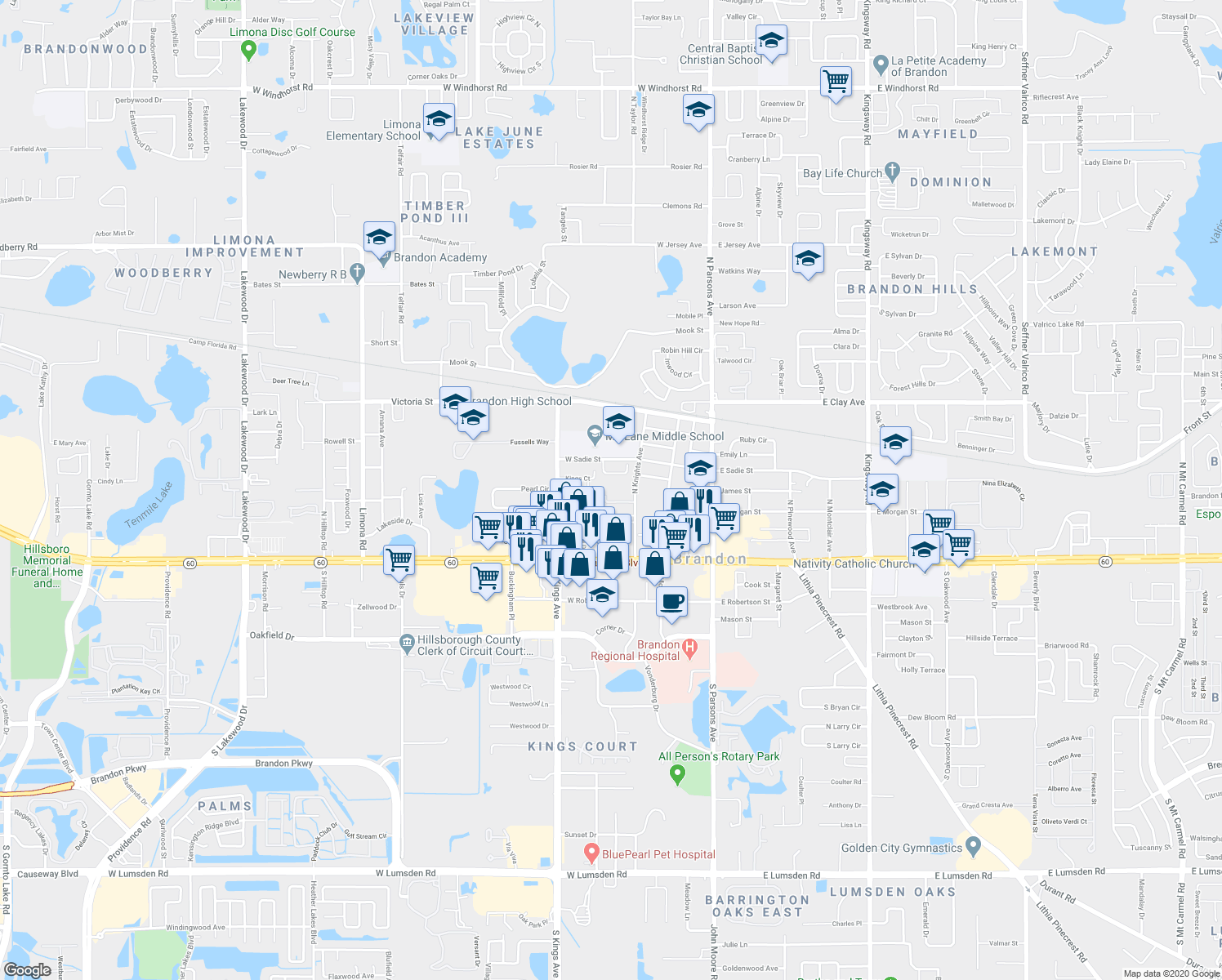 map of restaurants, bars, coffee shops, grocery stores, and more near 556 Golden Raintree Place in Brandon