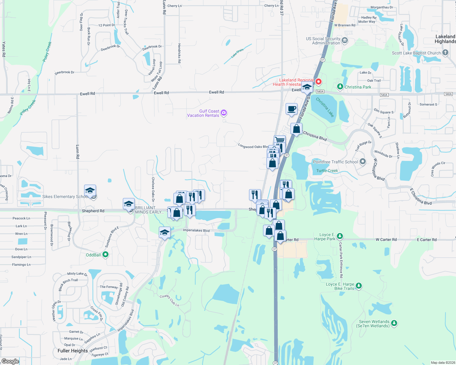 map of restaurants, bars, coffee shops, grocery stores, and more near 6810 Taylor Road in Lakeland