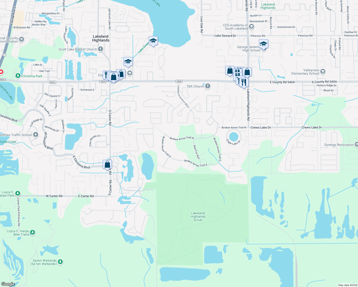 map of restaurants, bars, coffee shops, grocery stores, and more near 1595 Broken Arrow Trail North in Lakeland
