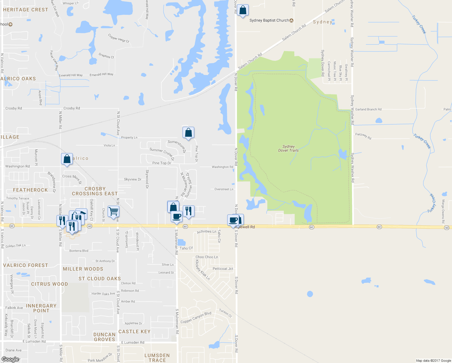 map of restaurants, bars, coffee shops, grocery stores, and more near 326 North Dover Road in Dover