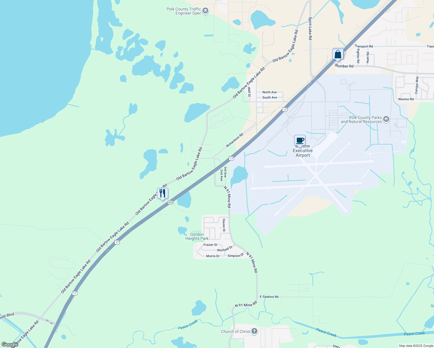 map of restaurants, bars, coffee shops, grocery stores, and more near 3486 North 91 Mine Road in Bartow