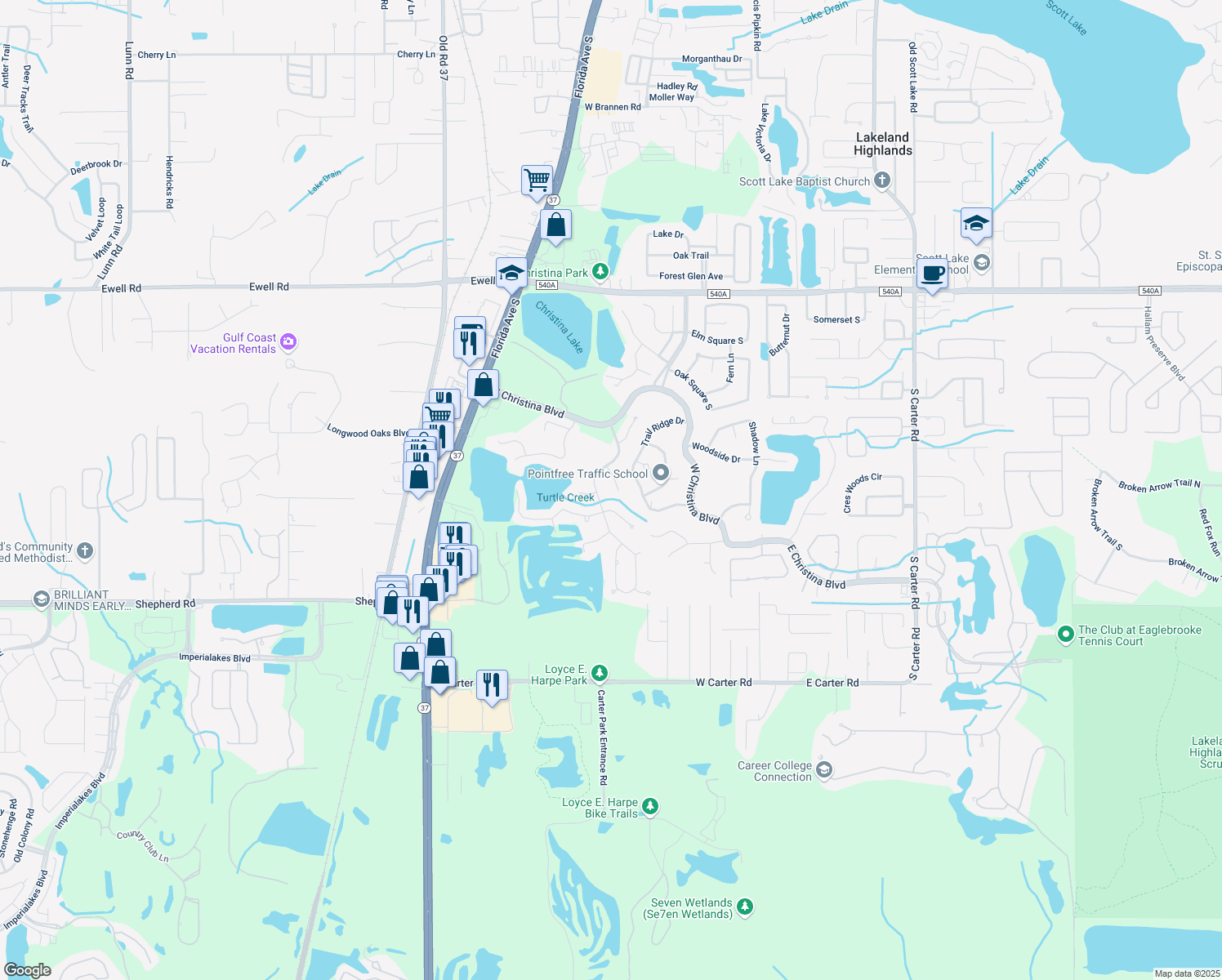 map of restaurants, bars, coffee shops, grocery stores, and more near 6653 Hunterfield Road in Lakeland