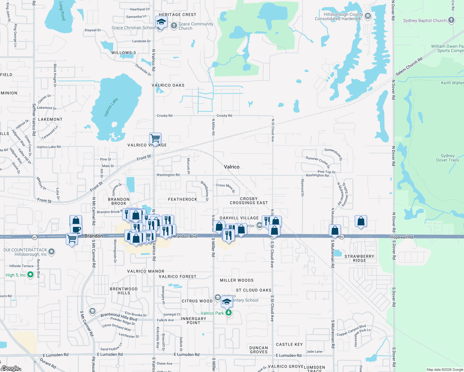 map of restaurants, bars, coffee shops, grocery stores, and more near 2530 Cross More Street in Valrico