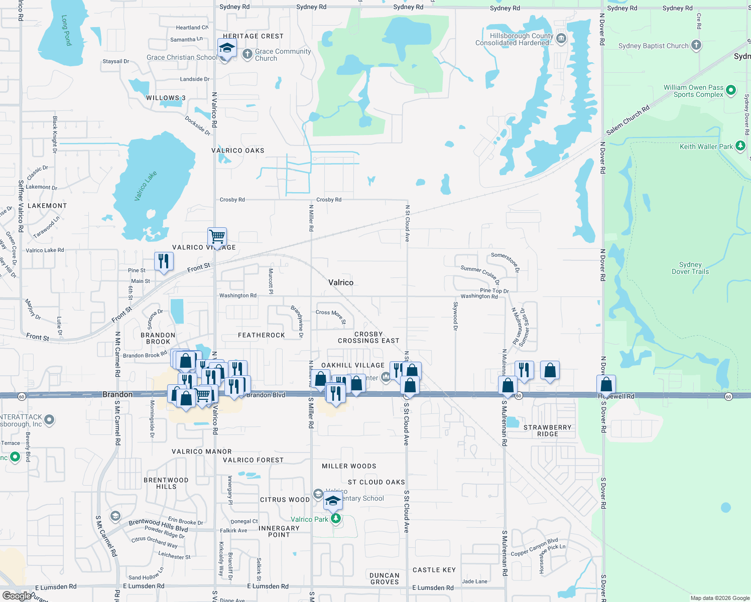 map of restaurants, bars, coffee shops, grocery stores, and more near 2709 Washington Road in Valrico