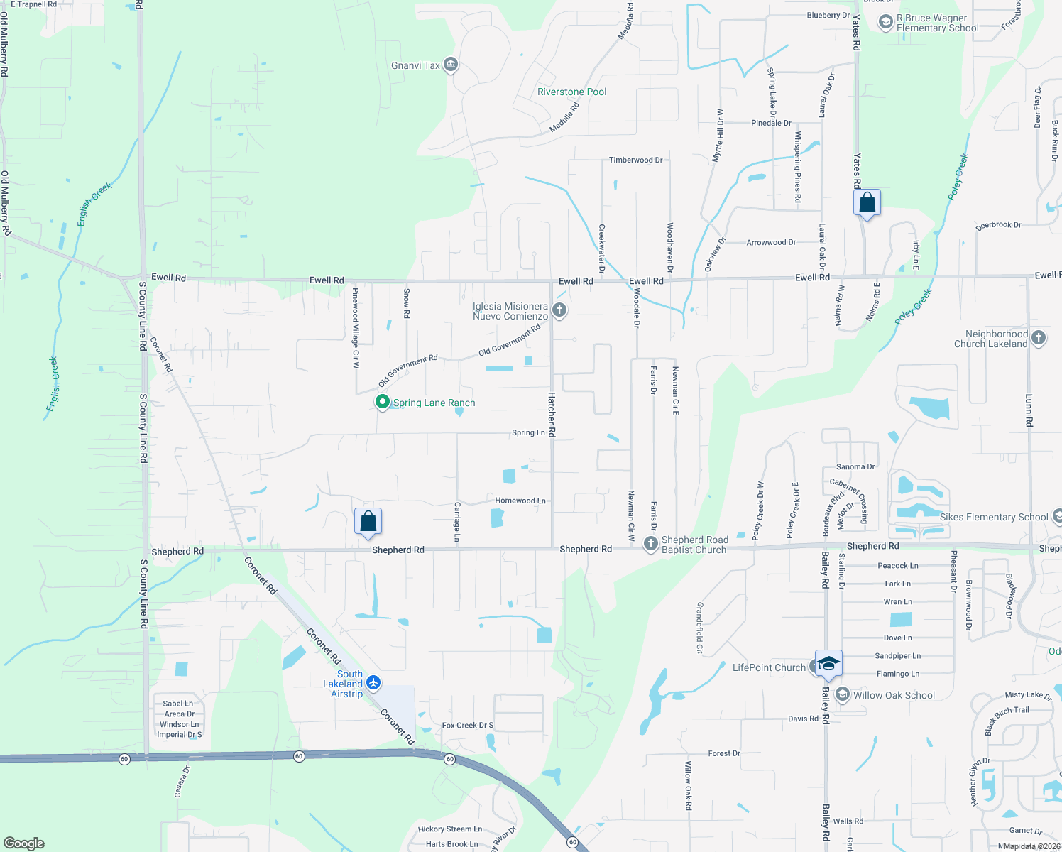 map of restaurants, bars, coffee shops, grocery stores, and more near 4215 Spring Lane in Lakeland