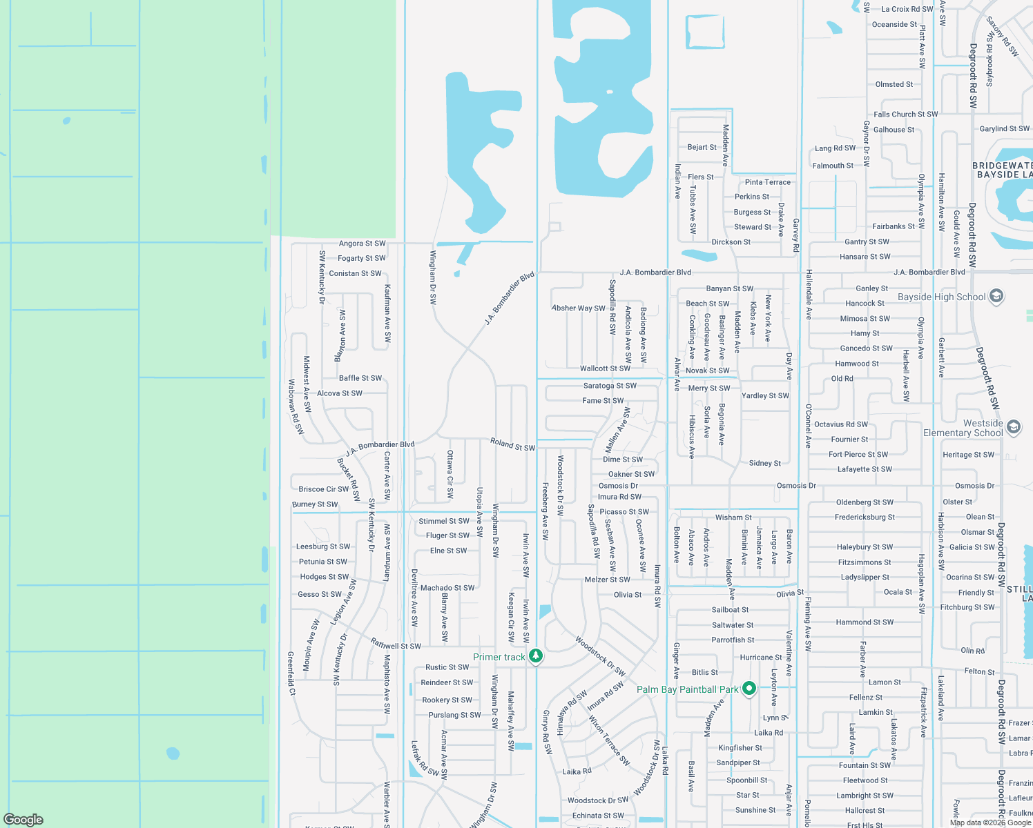 map of restaurants, bars, coffee shops, grocery stores, and more near 2143 Sparta Avenue Southwest in Palm Bay