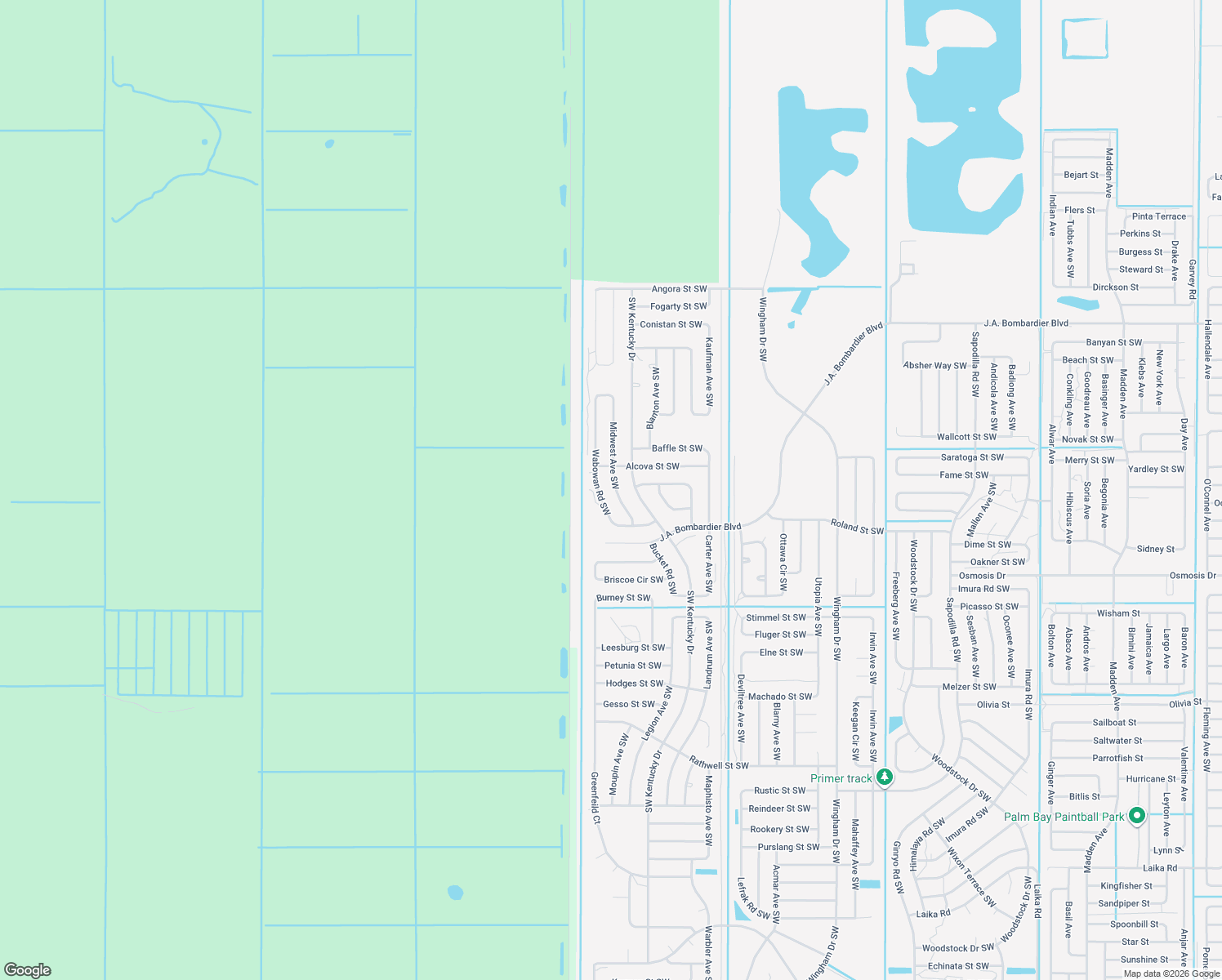 map of restaurants, bars, coffee shops, grocery stores, and more near 2138 Midwest Avenue Southwest in Palm Bay