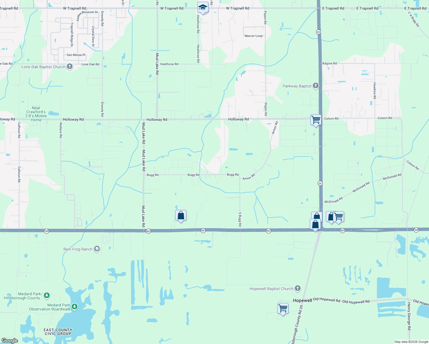 map of restaurants, bars, coffee shops, grocery stores, and more near 4708 Bugg Road in Plant City