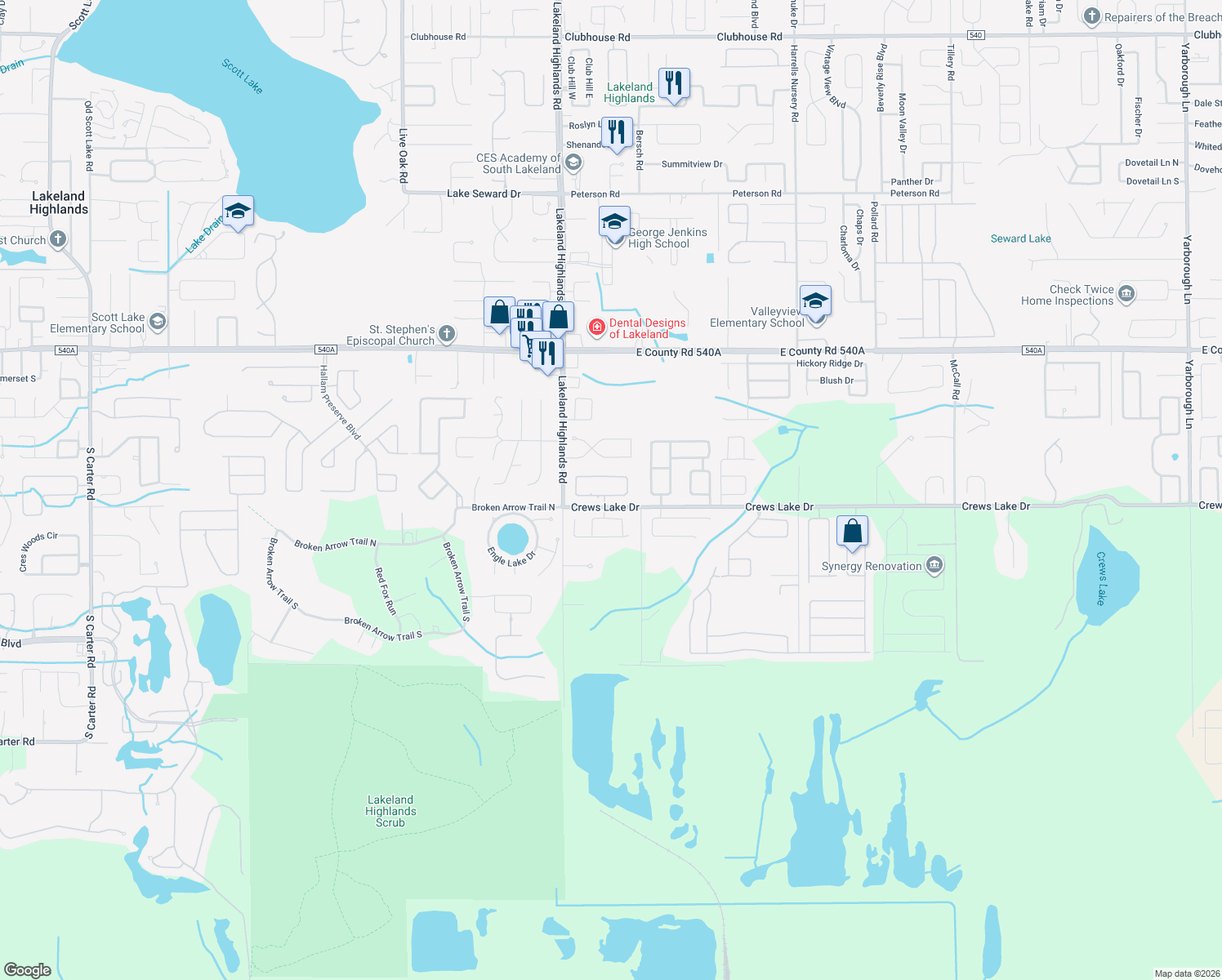map of restaurants, bars, coffee shops, grocery stores, and more near 2376 Chesterfield Cir in Lakeland